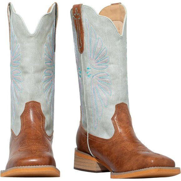 SheSole Western Boots Women Tan Faux Leather Square Toe Wide Mid Calf - Picture 7 of 9